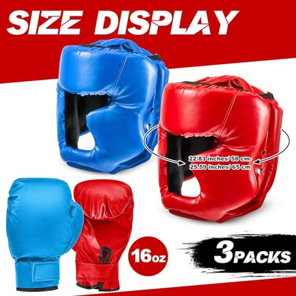 Kanayu 3 Pcs Boxing Headgears 3 Pair Gloves Set - color: Black, Blue, Red
