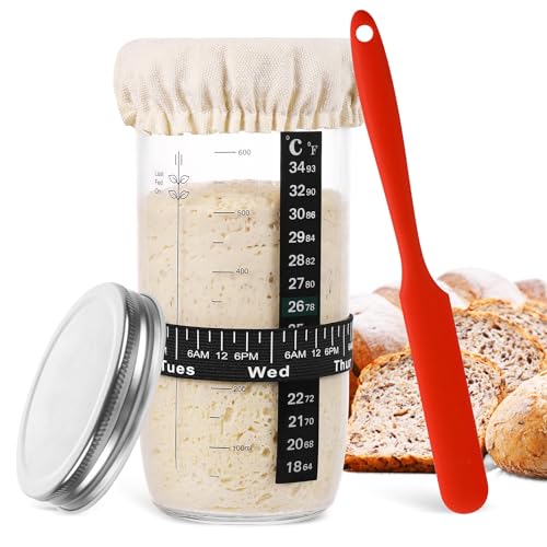 Sourdough Starter Jar Kit，Sourdough Bread Making tools Supplies,33oz Glass Jar with Date Marked Feeding Band, Precision Thermometer, Durable Cloth Cover & Secure Metal Lid forBread Making