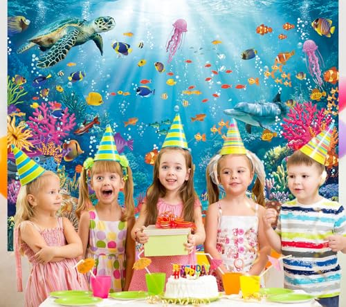 Underwater Backdrop Aquarium Ocean Corals Tropical Fish Photography Background Ocean Theme Party Decorations for Kid Boy's Birthday Cake Table Photo Booth Props (7x5FT) - size: 7x5FT