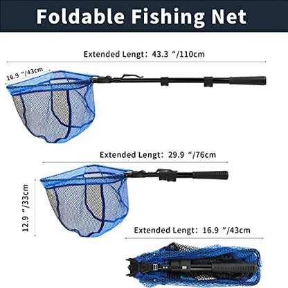 SANLIKE Fishing Net Folding Landing Net with Extra Long Telescoping Pole Handle, 37-98.4inch Rubber Coated Fishing Net for Easy Catch Release, Fish Net for Kids and Adults, 98.4"/ 71"/ 50.4"/ 43"/ 37" - size: 29.9-43"