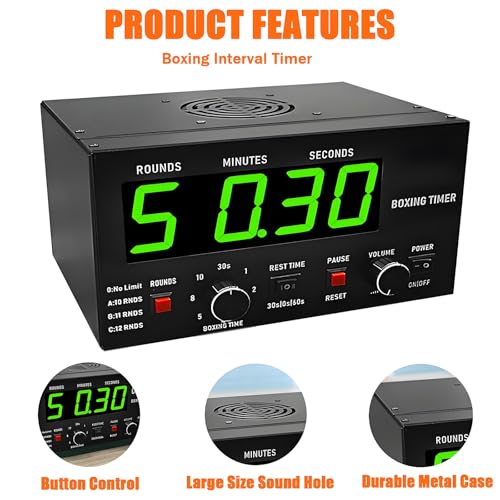 Adjustable LED Boxing Interval Timer - 1-12 Rounds, Customizable Buzzer, 30 Sec to 10 Min Workouts, 0/30/60 Sec Rest - Perfect for Fitness Training & Boxing - color: Green