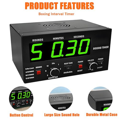 Classic Boxing Interval Timer with LED Display, 1-12 Rounds, Adjustable Buzzer, 30 Sec to 10 Min Workouts, 0/30/60 Sec Rest, Perfect for Fitness Training - color: Blue