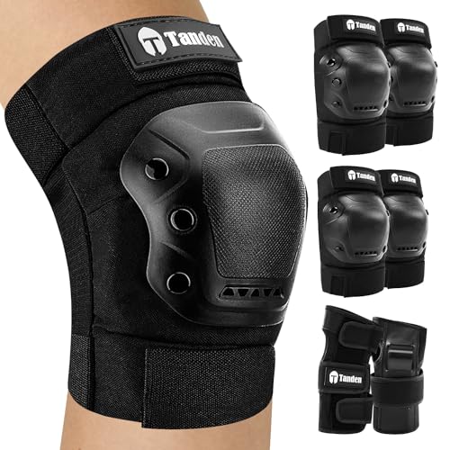 Tanden Skate Protective Gear Adult Knee Pads and Elbow Pads Set Wrist Guard - color: Black, size: Youth (9-15 years)