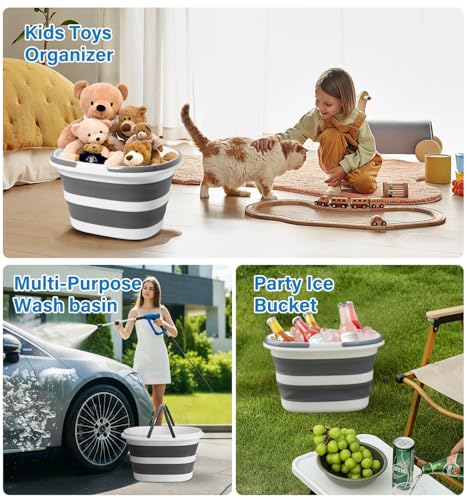 Collapsible Bucket 16L with Handles, Foldable Silicone Mop Bucket Space Saving Tub for Laundry, Camping, Beach & Pool Party Ice Bucket, Portable Wash Basin for Home, Car & Outdoor, 4.2 Gallon