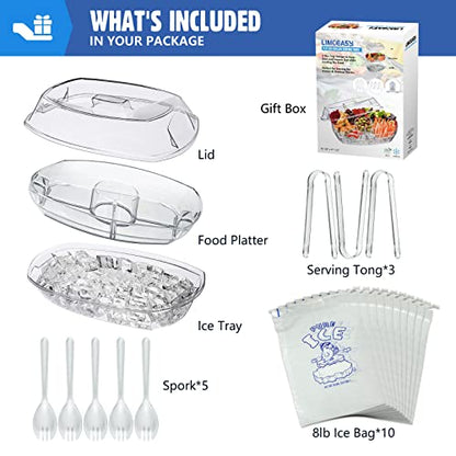 Chilled Serving Tray, 15" Clear Plastic Party Platter with 4 Compartments, Ice Serving Bowl with Lid, Shrimp Cocktail Serving Dish, Cold Food Buffet Server for Fruit, Veggie, Appetizer, Sushi - size: 15 Inch (Chilled Serving Tray）