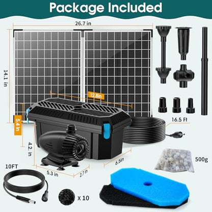 55W Solar Pond Filter, Solar Fountain Pump with Pond Filter Kit Adjustable Flow, Pond Filter Box with Filter Medias for Outdoor Ponds Fish Tank Pool Waterfall Koi Pond Water Features