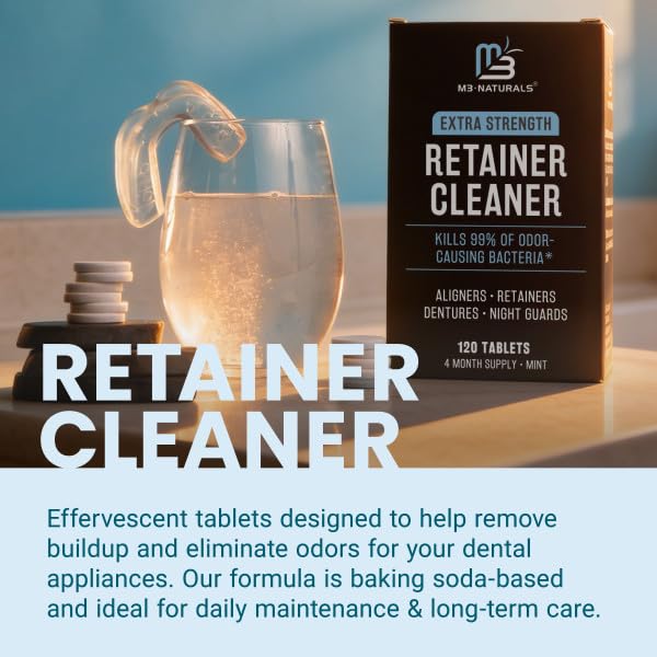Retainer Cleaner Tablets, Denture Cleaner, Mint, 4 Month Supply by M3 | Compatible with Retainer Cleaner Machine & Ultrasonic Retainer Cleaner, Helps Remove Tough Stains, Buildup, Odors & Plaque - size: 120 Count (Pack of 1)
