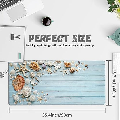 Large Mouse Pad Shells on Light Blue Wood Extended Gaming Mouse Pad Non-Slip Desk Mat with Stitched Edge Laptop Computer Keyboard Mousepad for Office Home 35.4" x 15.7" - color: Shells on Light Blue Wood