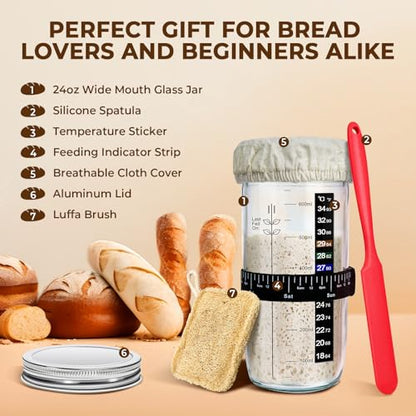Sourdough Starter Kit, 650mL/24oz Wide Mouth Sour Dough Glass Jar Container with Lid, Fermentation Tank for Sourdough Bread Baking Supplies, Perfect for Beginners & Pro Bakers, transparent