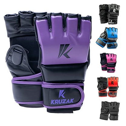 Kruzak MMA Gloves, Half-Finger Boxing Mitts with Hand Wraps - color: Purple, size: Large-X-Large