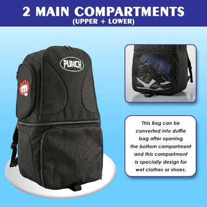 Punch Sports Gym Bag/Backpack Durable Travel Duffel Bag with Shoe Compartment, Wet Pocket & Multi Storage for Gym, Sports & Travel