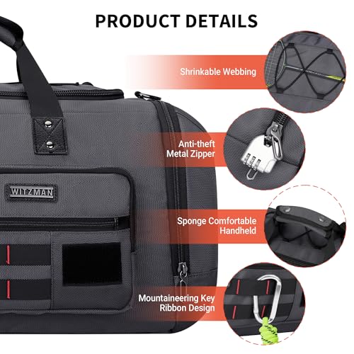 WITZMAN Duffle Bag for Men 3 in 1 Convertible 45L Nylon Gym Travel Backpack | Multi-pockets with Shoe Compartment and Dry-wet Pocket, One Duffel Bag for Sports, Weekender, Overnight, B693 Silvery Grey - color: Silvery Grey