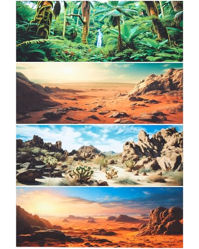 4 Pcs 48 x 18 Inch Reptile Habitat Background with Nano Glue Gobi Sun Cactus Stone and Green Tree Fern Stream Terrarium Background Polyester Durable Aquarium Accessories