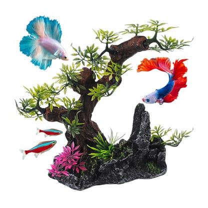 Bonsai Tree Fish Tank Decor, Artificial Plastic Tree Aquarium Decorations - 8” Height Fish Hideout Accessories for Betta Goldfish & Small Fish Shrimp
