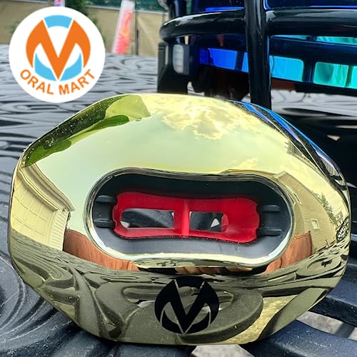 Oral Mart Flag Football Mouth Guard with 3D LipFit Design for Kids - Youth Football Mouthguard (No Boil) Cool Instant Fit Lip Guard Mouthpiece for Braces (Detachable Helmet Strap Included) - color: Gold Chrome