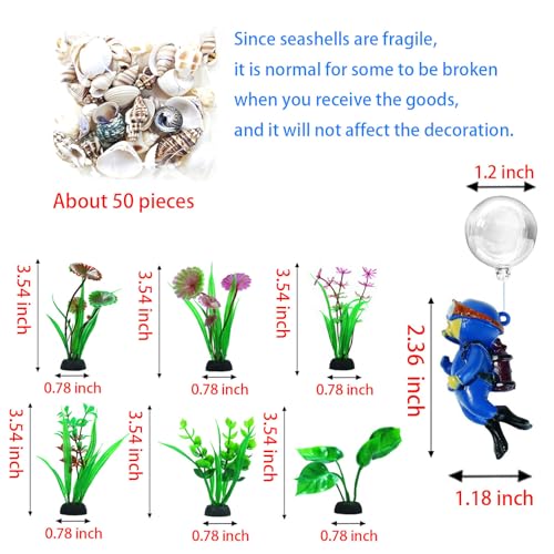 Fish Aquarium Decor Kit, Betta Hideout for Fish Tank - 6 Styles Options | Resin Sunken Tank Ornament, Betta Fish Hideout Cave, 6 Artificial Aquatic Plants, 40+ Seashells & 1 Floating Diver