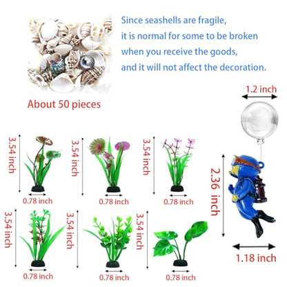 Fish Aquarium Decor Kit, Betta Hideout for Fish Tank - 6 Styles Options | Resin Sunken Tank Ornament, Betta Fish Hideout Cave, 6 Artificial Aquatic Plants, 40+ Seashells & 1 Floating Diver