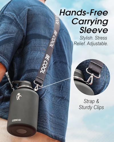 Coolflask Half Gallon Water Bottle Insulated Stainless Steel with Strap - color: Magic Black, size: 64 Ounces