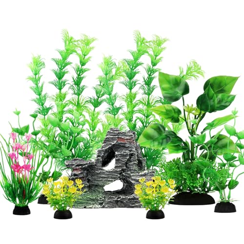 Fish Tank Accessories Artificial Plants, 9pcs Green Aquarium Decorations Plants and Cave Rock Decor Set, Aquarium Decor Plastic Plants