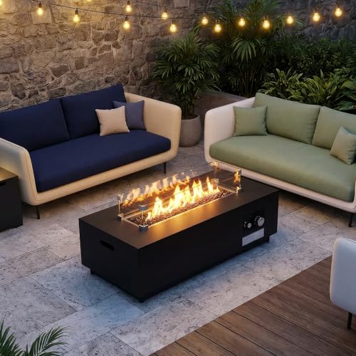 42-inch Outdoor Propane Gas Fire Pit Table 50000 BTU Iron Rectangle Firepit for Outside Patio with Tank Hidden Table, Wind Guard, Removable Lid, Lave Rocks, Waterproof Cover, Balck - size: 42"D