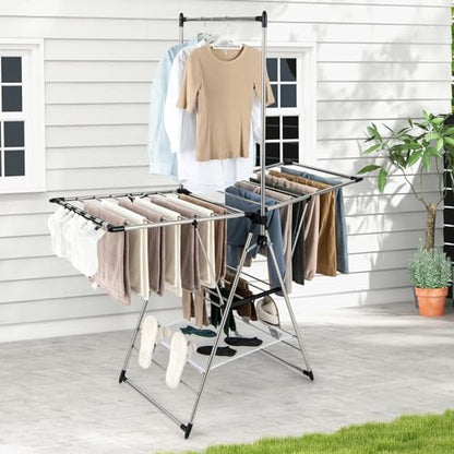 Tangkula 2-Layer Stainless Steel Drying Rack, Foldable Laundry Rack w/ 1 Hanging Bar & 2 Height-Adjustable Wings, 23 Drying Rails, Netting Clothe Drying Rack, No Assembly Required - size: 61.5" x 23.5" x 72"
