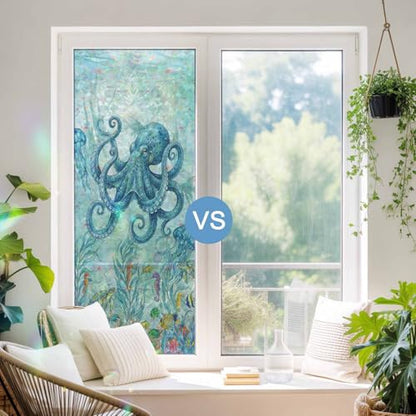 Underwater Life Octopus Coral Window Privacy Film,Heat Control Sun Blocking Static Cling Rainbow Film,Ocean Seaweed Fish Seahorse Non-Adhesive Glass Sticker Door Window Tint,17.7" x 78.7"