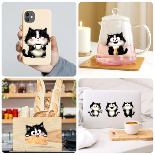 Peacoblue 18 Sheets Rub on Transfers for Crafts, Cute Black and White Cat 3.6"x3.9" UV DTF Cup Wraps Waterproof Rub on Cold Transfers Stickers for Wood Glass Metal Cup Tumblers Mirrors Mugs Decor - style: Cute Black and White Cat