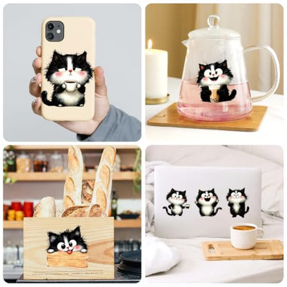 Peacoblue 18 Sheets Rub on Transfers for Crafts, Cute Black and White Cat 3.6"x3.9" UV DTF Cup Wraps Waterproof Rub on Cold Transfers Stickers for Wood Glass Metal Cup Tumblers Mirrors Mugs Decor - style: Cute Black and White Cat