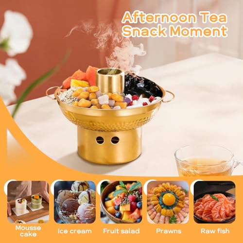 8.6 In 304 Stainless Steel Shrimp Cocktail Serving Dish, Groove Hotpot Chilled Serving Tray Gold with Ice Button, Cold Fruit Platter Tray for Parties Drinks Veggies Seafood Salad Sushi (Gold)