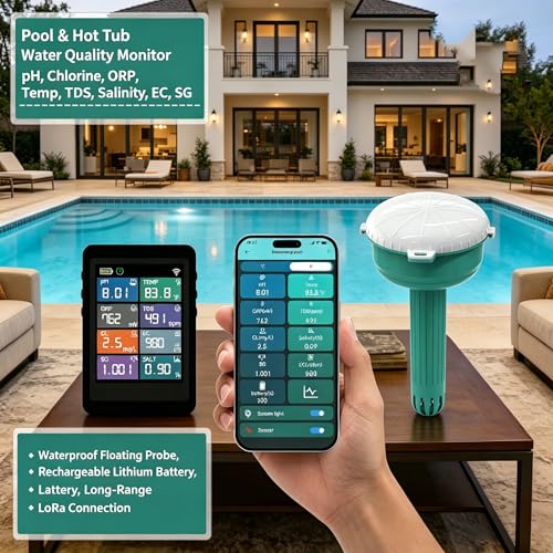 8-in-1 Smart Water Quality Monitor, 24/7 Auto Tester, Digital pH, Chlorine, ORP, Temp, TDS, Salinity, EC, SG Detector, App Control & Custom Alerts for Pool, Hot Tub, Spa, Aquarium, Pond