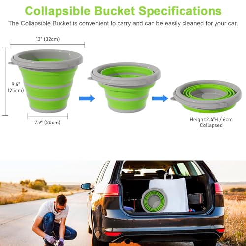 Collapsible Car Wash Bucket with Microfiber Mitt, 10L (2.6 Gallon) Portable Water Buckets with Handle for Car Wash Household Cleaning, Multiuse Collapsible Water Buckett and Car wash mitt - Green