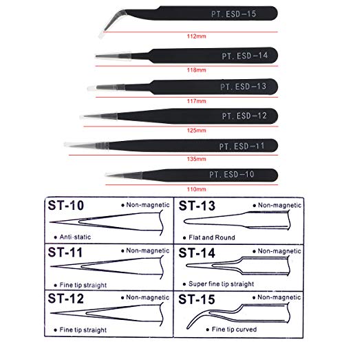 6PCS Precision Tweezers Set, ESD Tweezers Set, Anti-Static Stainless Steel Tweezers, Non-magnetic Curved Tweezers Set, Electronics Tweezers Kit for Jewelry, Craft, Electronics