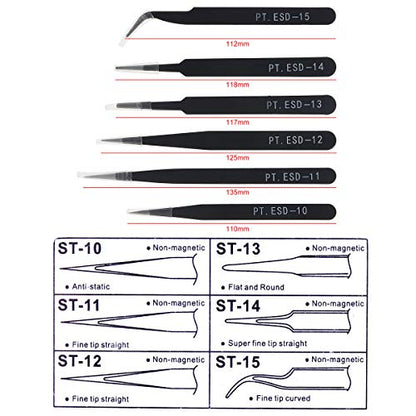 6PCS Precision Tweezers Set, ESD Tweezers Set, Anti-Static Stainless Steel Tweezers, Non-magnetic Curved Tweezers Set, Electronics Tweezers Kit for Jewelry, Craft, Electronics