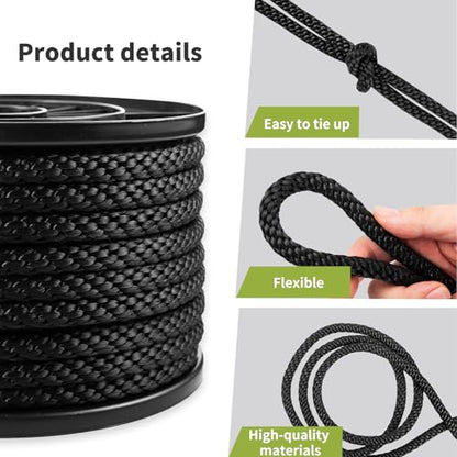 1/2 Inch × 100 FT Black Polyester Solid Braid Rope – UV & Abrasion Resistant, Low Stretch, Multipurpose for Flagpole Halyard, Clothesline, Camping, and Utility Tasks - size: 1/2 In×100 FT