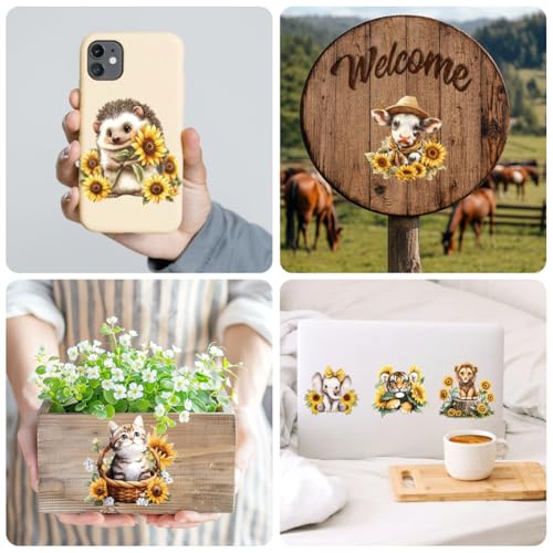 Peacoblue 18 Sheets Rub on Transfers for Crafts, Sunflowers and Animals 3.6"x3.9" UV DTF Cup Wraps Waterproof Rub on Cold Transfers Stickers for Wood Glass Metal Cup Tumblers Mirrors Mugs Home Decor - style: Sunflowers and Animals