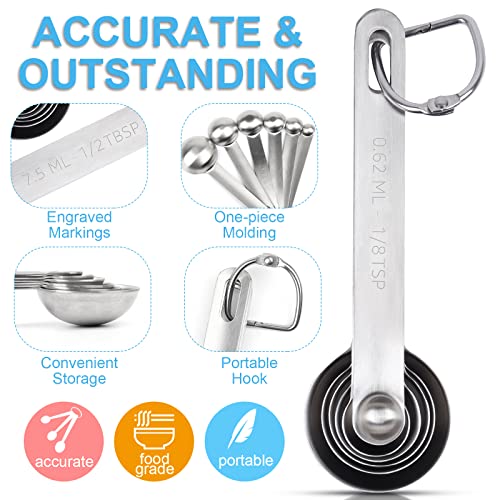 Upgrade Stainless Steel Measuring Spoons Set, Small Tablespoon, Teaspoons, Set 6 with Bonus Leveler, Etched Markings and Removable Clasp for Dry and Liquid, Fits in Spice Jars - size: 7 pieces