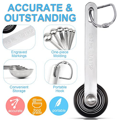 Upgrade Stainless Steel Measuring Spoons Set, Small Tablespoon, Teaspoons, Set 6 with Bonus Leveler, Etched Markings and Removable Clasp for Dry and Liquid, Fits in Spice Jars - size: 7 pieces