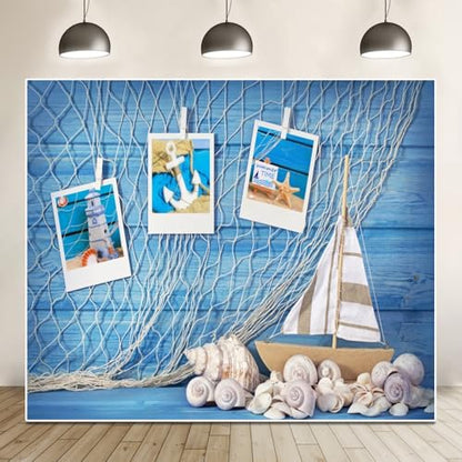 Blue Wooden Wall Nautical Backdrop Photography Sailing Adventure Rudder Seashell Sailing Wheel Helm Fishing Net Starfish Photo Backdrop Summer Nautical Party Baby Shower Birthday Background Decoration
