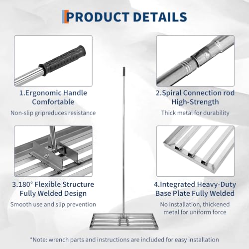 Lawn Leveling Rake,Steel Leveling Rake for Soil,Yard Dirt Leveling Rakes for Grass,Lawn Leveling Tool with Adjustable Handle (Sliver Steel 30”x10”)