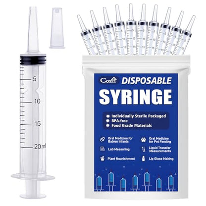 20ml Syringe with Cap, 10 Pack Large Plastic Syringes without Needle for Liquid, Scientific Labs, Measurement, Pet Feeding, Ink Refilling, Irrigation Water
