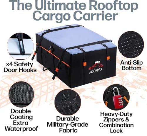 RoofPax XXL 28 cuft Car Rooftop Cargo Carrier Bag Extra Waterproof Car Roof Storage with 10 Heavy Duty Tie Down Straps and 4 Hooks Roof Bag Cargo Carrier for Top of Vehicle with/Without Rack - size: 28 cubic feet