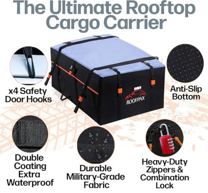 RoofPax 23 cft. Extra Waterproof Rooftop Cargo Carrier Bag, Double Weatherproof Zippers,10 Heavy-Duty Tie-Down Straps fit Cars with/Without a Rack or Side Rails, Safety Hooks Included - size: 23 Cubic feet