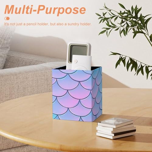 Women's Pen Cup Pencil Holder Makeup Brush Storage Beautiful Mermaid Fish Scale Leather Desk Organizer