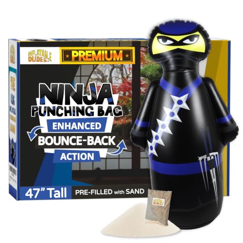 INFLATABLE DUDES Kids Punching Bag- Bop Bag | Sand-Base - color: Black/Blue Standard Ninja | Pre-filled with Sand, size: 47"