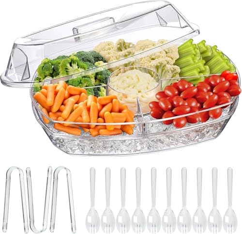 Chilled Veggie Tray, 15 Inch Clear Party Platter with 4 Compartments, Ice Serving Bowl with Lid, Cold Food Buffet Server for Fruit, Vegetable, Appetizer, Shrimp