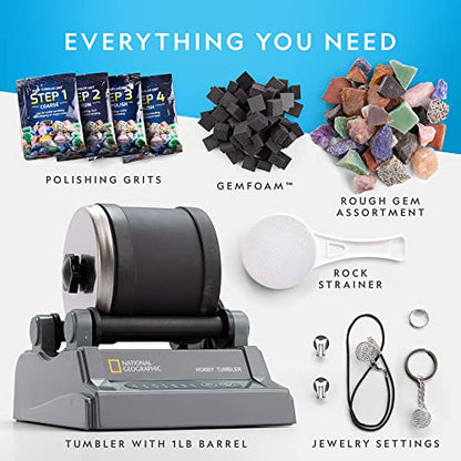 National Geographic Hobby Rock Tumbler Kit – Durable Leak-Proof Rock Polisher with 7-Day Timer, Complete Rock Tumbling Kit with Grit, Jewelry Settings & GemFoam Polish, Educational STEM Science Kit - style: Hobby Kit with GemFoam