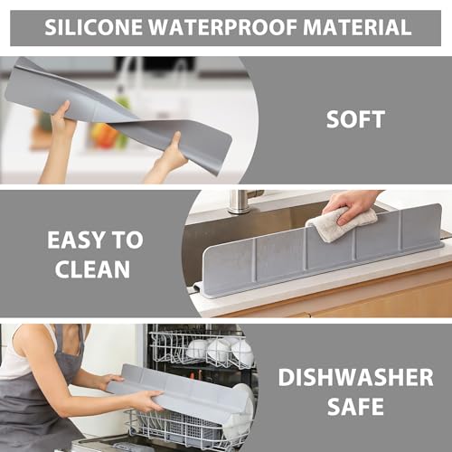 23Inch Sink Splash Guard – Extended Length & Tall Silicone Kitchen Sink Splash Guard with Overhang Drainage Design, High Splash Wall & Strong Suction Cups for Countertop (Grey, 23''x3.5'')