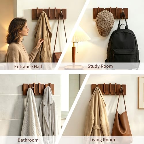 Coat Rack Wall Mount, Walnut 5 Flip-Down Picket Hanger Hooks for Entryway - size: 5 Hooks