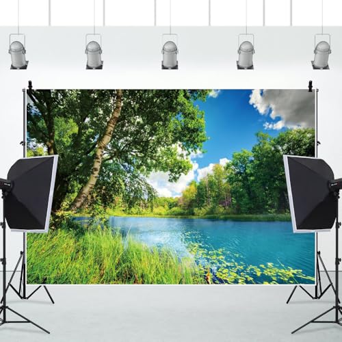 Polyester 7x5ft Park Scenery Backdrop River Blue Water and Tree Forest Garden Blue Sky Outdoor Picnic Spring Background Camping Hiking Photo Background Countryside Field Backdrop - size: 7x5ft