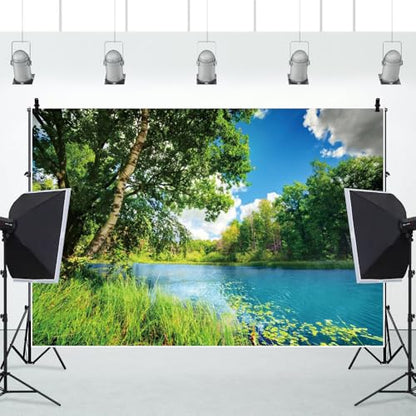 Polyester 6x4ft Park Scenery Backdrop River Blue Water and Tree Forest Garden Blue Sky Outdoor Picnic Spring Background Camping Hiking Photo Background Countryside Field Backdrop - size: 6x4ft